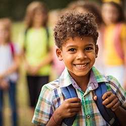 Young boy smiling among his friends